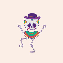 Whimsical illustration of a dancing skeleton character in a purple hat and colorful poncho, celebrating a festive Mexican Day of the Dead holiday