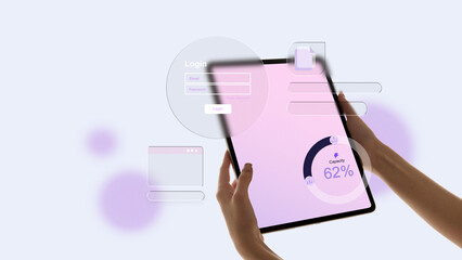 Creative digital artwork. Hands holding digital tablet with login window and data capacity circle interface. Concept of cybersecurity, cloud authentication, and secure user data access system.