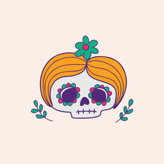 Whimsical Día de los Muertos Sugar Skull Illustration Festive Floral Embellishments, Celebrating Remembrance and Cultural Traditions