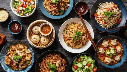 A colorful top-view flat lay of various Asian dishes on a rustic dark wooden table.
