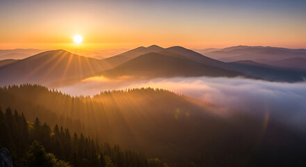 Sunrise Over Misty Mountain Ridges - A Breathtaking Landscape.