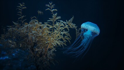 Floating glowing jellyfish drifting beside leafy underwater plant, with pale blue glow