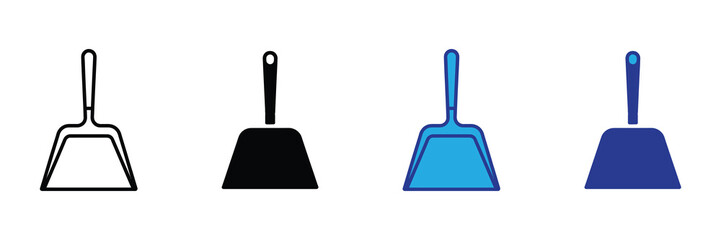 Collection of dustpan icons in different styles outline, silhouette, and colored versions, isolated on a white background