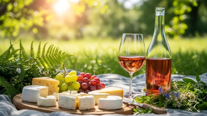 A picturesque and romantic picnic setting in a sunny park or garden. 