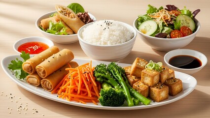 A clean, high-angle shot of a healthy and balanced Asian vegetarian meal set.