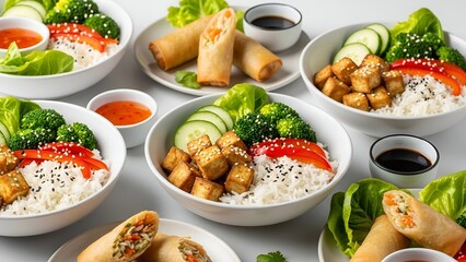A clean, bright, high-angle shot showcasing multiple servings of healthy Asian-style meals.