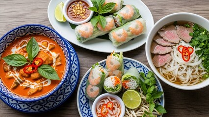 A vibrant, top-down flat lay composition of popular Southeast Asian dishes.