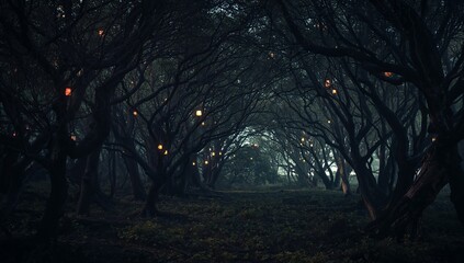 Hanging lanterns illuminating gnarled tree arches along misty forest tunnel path, mossy undergrowth
