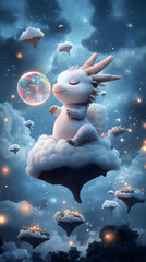 Cute Fantasy Creature in Dreamy Sky with Bubbles and Clouds