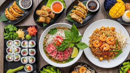 A large assortment of popular Asian dishes viewed from above, resembling a restaurant feast.