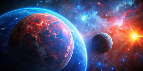 Obraz premium A stunning view of the cosmos features a fiery red planet alongside a blue planet. Bright stars and colorful nebulae fill the backdrop, creating a captivating space scene