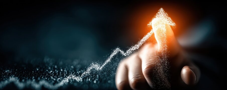 Hand pointing at an illuminated upward arrow symbolizing growth and progress