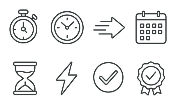 Monochrome time management icons: clock, stopwatch, calendar, hourglass, checklist, badge