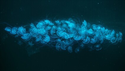 Drifting bioluminescent jellyfish forming swarm in deep-sea water, with glowing bells and tentacles