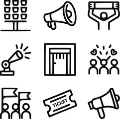 Game Day Atmosphere Outline Icon Collection Stadium Lights, Loudspeaker, and Crowd Energy