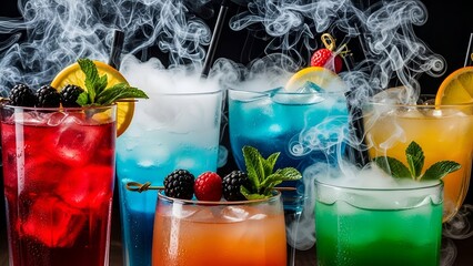 A dramatic shot of colorful cocktails releasing plumes of smoke, garnished with fresh fruit and mint against a moody dark background.