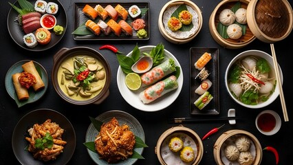 A top-down flat lay of various Asian dishes, featuring sushi, yellow curry, fresh spring rolls, and dim sum in bamboo steamers on a dark, textured surface.