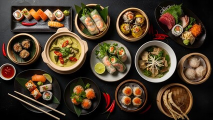 A vibrant overhead shot of diverse Asian cuisine, including sushi, curry, dim sum, and spring rolls, elegantly arranged on a dark background.