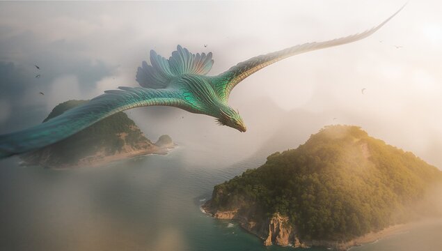 Gliding large green-scaled dragonbird over foggy forested islands, with smaller birds trailing - Powered by Adobe