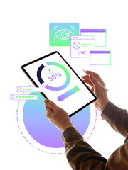 Collage art. Person holding digital tablet with biometric eye icon and data visualization interface. Concept of smart analytics, AI-driven control systems, and secure digital monitoring confidence.