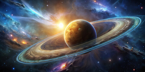 A vibrant cosmic landscape showcases a majestic planet encircled by rings, surrounded by colorful stars and nebulas, illuminating the vastness of space