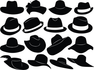 A stylish collection of various black hat silhouettes isolated on a white background. Vector graphic set featuring classic and modern headwear designs