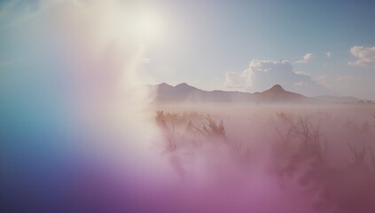 Glowing mist-covered shrubs rising on arid plain, with distant mountain range, sun and lens flares