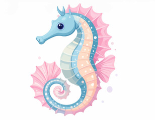 Fototapeta premium Dreamy pastel seahorse illustration with soft blue and pink, delicate details, and a sparkling, whimsical aesthetic, perfect for enchanting ocean-themed designs and children's art