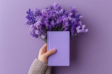 Hand holding lavender bouquet and purple notebook against pastel monochrome background