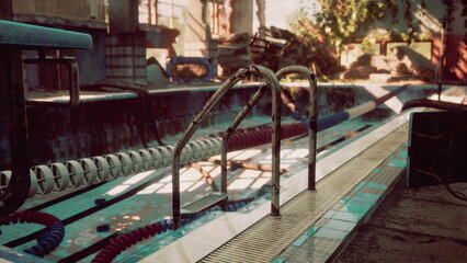 An old swimming pool, surrounded by crumbling architecture and vibrant overgrowth. Rusted ladders and empty lanes tell stories of forgotten summer days.