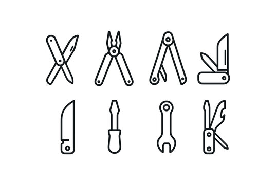 simple outline stroke icon isolated on white background compact multitool plier tool folding tool utility tool knife blade screwdriver tip tool survival tool