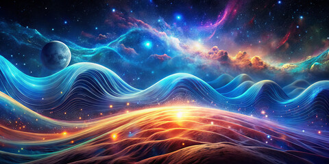 This vibrant cosmic scene depicts colorful waves flowing across the landscape, with a glowing horizon and a planet visible against a star-filled sky
