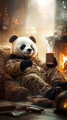 Cozy Panda Enjoying a Warm Beverage by the Fireplace at Home