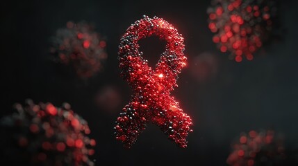 Symbolic illustration of a virus particle featuring a red awareness ribbon, highlighting unity, medical research, and the importance of global health initiatives in combating HIV/AIDS.