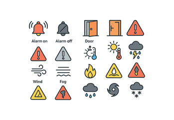of vector colored flat icons. outline stroke user interface simple colored icons style Weather (warnings) alarm on alarm off door open door closed alert active alert inactive heat advisory