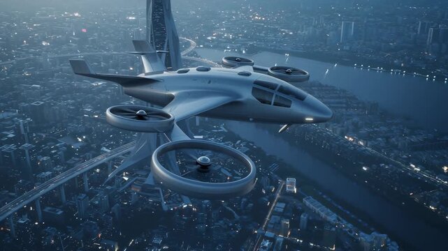 Future air taxi flying above futuristic city skyline at night. Urban aerial transportation concept. EVTOL.