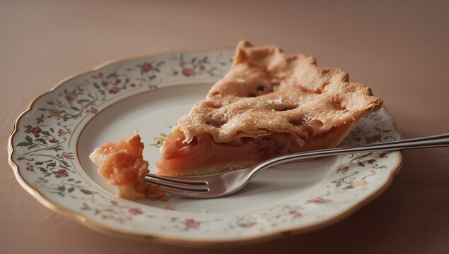 Fruit pie slice sitting on gold-rim china plate on dining table, with silver fork piercing filling - Powered by Adobe