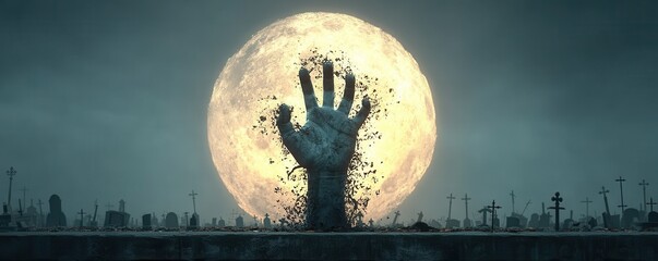 Hand rising from grave beneath full moon in eerie night cemetery setting