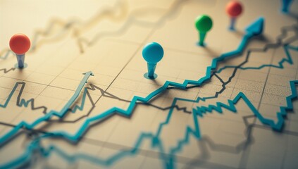Displaying 3D-style blue line graph climbing on grid chart paper at desk, with colored push pins