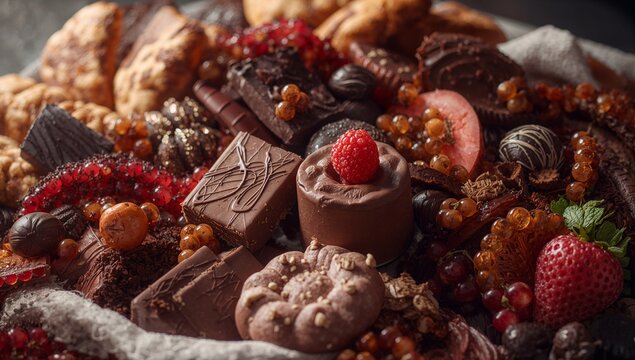 Arranging chocolate bars, truffles, raspberry bonbons on bakery counter, with berries and sprinkles