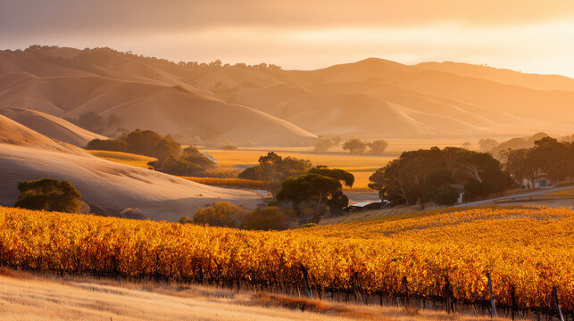 vineyard. Golden hour vineyard landscape with rows of grapevines extending toward rolling hills, travel magazines, destination branding, designed for outdoor magazines and nature guides. - Powered by Adobe