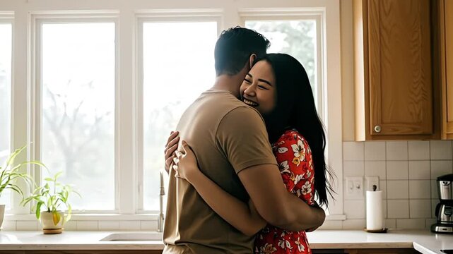 A happy Asian couple embraces affectionately in their bright, sunlit kitchen at home.
