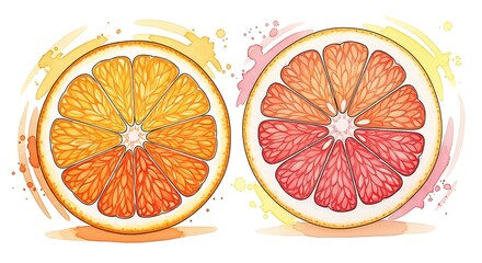 Vibrant Citrus Halves - Orange and Grapefruit Watercolor Illustration.