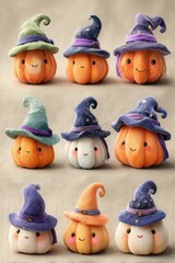 Naklejka premium Cute pumpkins with witch hats showcasing playful Halloween-themed designs