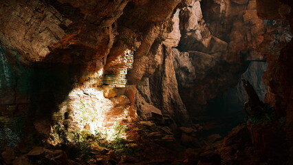 Intricate rock formations fill a cavern, softly lit by sunlight filtering through cracks. Lush greenery grows between the stones, creating a serene and magical atmosphere in this natural wonder.