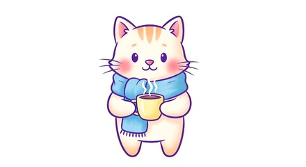Obraz premium Cute kawaii cat character in a blue scarf holding a warm mug.