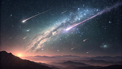 Obraz premium Bright shooting stars streak across a starry sky as the sun sets behind distant mountains. The scene captures the beauty of the cosmos and nature in harmony