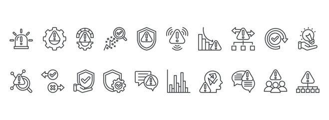 Crisis Management icon collection set. Containing emergency, alert, risk, strategy, shield, warning, reduction, prediction icon. Simple outline vector