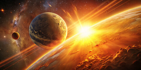 Obraz premium A vibrant cosmic landscape shows planets orbiting a bright star with rays of light bursting across the scene. This celestial view captures the beauty of the universe at dawn