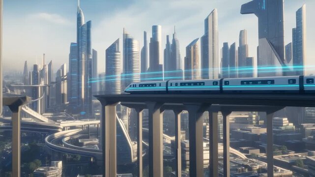 Future city with high-speed white bullet train traveling on elevated track with blue light trails, modern transportation concept, animation